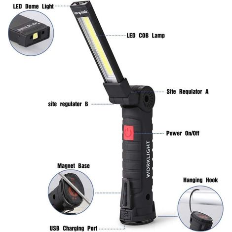 ZOLGINAH Lampe de Travail LED Lampe Torche Baladeuse LED Lampe Atelier LED Rechargeable Lampe d'Inspection Lampe de Poche Base Magnétique 5 Modes pour Lampe Garage, Camping, d'urgence Petit,2 Pièces