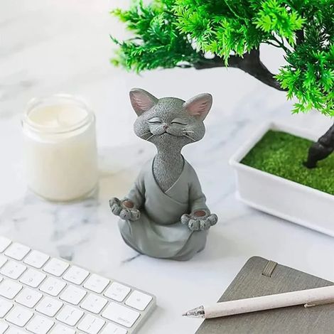Statue de Chat Zen Méditation Yoga Décoration Résine Feng Shui, Sculpture Jardin (Gris) . (1/5)