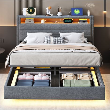 lit coffre 140x200 LED USB tissu gris modulable HAVRYA (1/5)