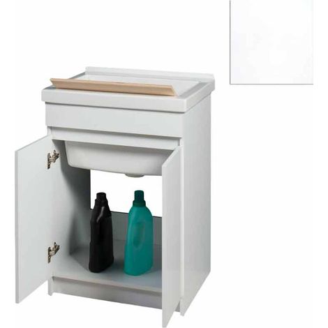 Mobile Lavatoio in Ceramica 2 Ante con Strofinatoio in Legno Massello 60x50x86A cm Bianco Opaco (1/5)