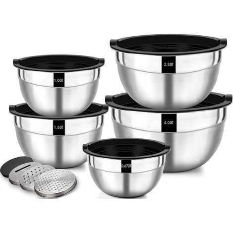 Salatschüssel 5er Set, Edelstahl Schüssel mit luftdicht Deckel, Größe 4.5l, 2.7l, 1.6l, 1.1l, 0.7l, Rührschüssel Schüsselset für die Küche, Rutschfest & Stapelbar