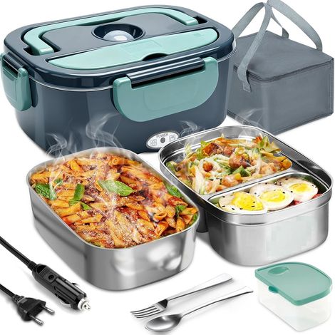 1.5L Gamelle Chauffante 80W, Lunch Box Chauffante Electrique Boite Chauffante Repas 12V/24V/220V, Gamelle Chauffante Allume Cigare avec Sac Thermiquepour Voiture Camion Bureau (Le vert) (1/5)