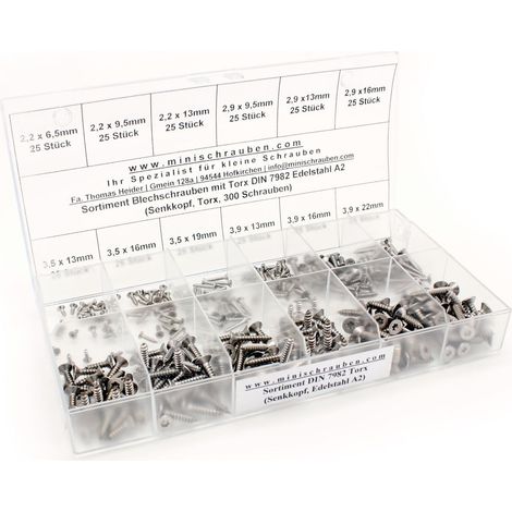 Boîte d'assortiment avec tôle Lot de 300 vis selon DIN 7982-TX creux en acier inoxydable A2 (à partir de 2,2 x 6,5 mm), ronde (TX), tête fraisée. Assortiment avec boîte (1/4)