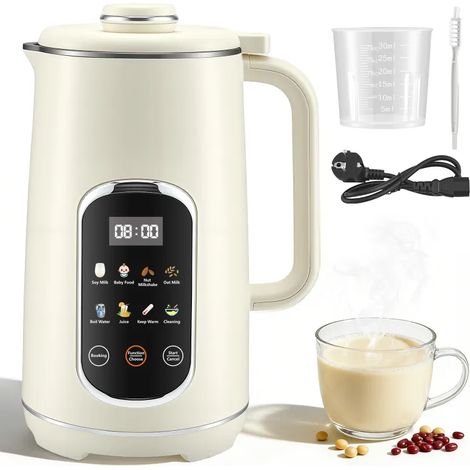 Machine à lait végétal 1400 ml, compatible avec le lait de soja (16 lames, 9 programmes), le lait d'avoine (et autres boissons végétales), et les boissons à base de céréales. Nettoyage automatique et