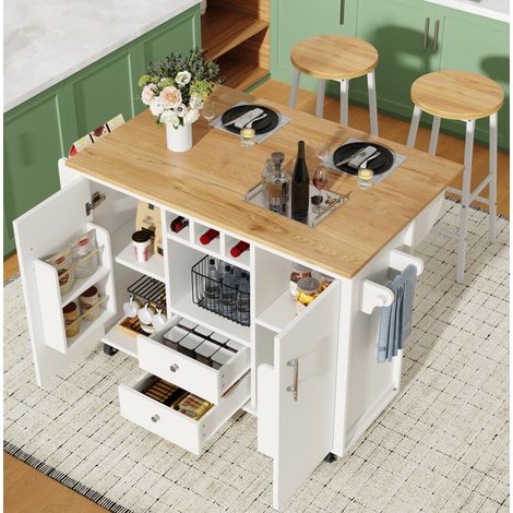 Küchenmöbel mit 2 Barhockern, klappbarer Platte, integrierten Stauräumen, weiß HAVRYA (1/5)