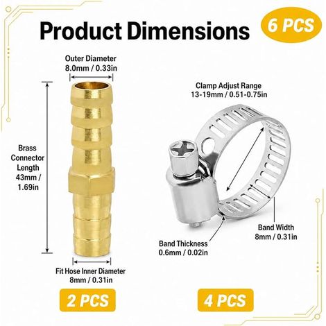 Raccord Tuyau Laiton 8 mm, Douille Tuyau Droit 2 Voies Raccords Canne Colliers de Serrage pour Flexibles, Eau, Carburant, Air, Plomberie, Arrosage, Véhicules (1/3)