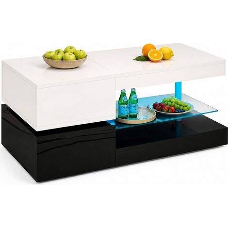 Table basse LED avec étagère en verre, commande APP et Bluetooth, finition laquée noir et blanc, ambiance colorée pour salon moderne 90 x 45 x 35,5 cm - CHICFURN (1/5)