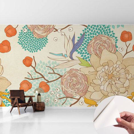 Papier peint adhésif autocollant pour salon chambre à coucher peint imprimé pour mur Fantaisie florale 416x254 cm (1/5)
