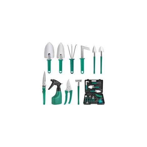Kit de Jardinage, 10 Pièces en Acier Inoxydable Outils de Jardinage avec Boîte de Rangement,Truelle, Râteau, et Pulvérisateur(Vert) (1/5)