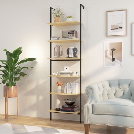 Wandmontiertes Leiterregal/Bücherregal im Industriestil mit 6 Ablagen, schwarzer Stahl in Holzoptik, Maße: 60 x 30 x 206 cm (L x B x H)