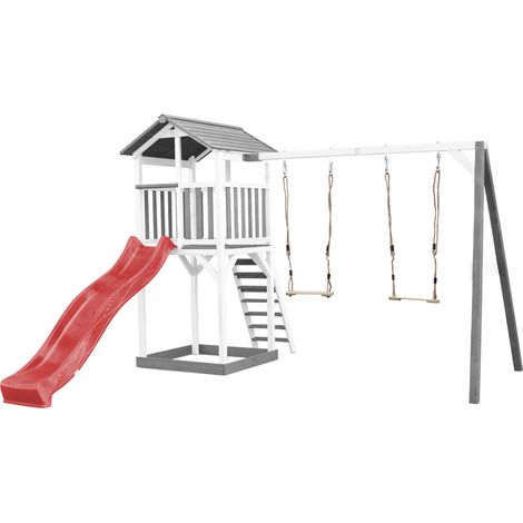 Axi Beach Tower Aire De Jeux Avec Toboggan En Rouge, 2 Balançoires & Bac À Sable  Grande Maison Enfant Extérieur En Gris & Blanc  Cabane De Jeu En Bois Fsc