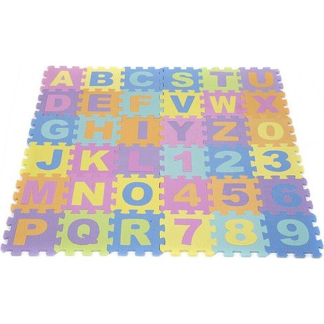 Tapis puzzle éducatif 36 pièces en mousse EVA – 10 chiffres et 26 lettres – Dimensions 14x14cm – Antidérapant et facile à nettoyer (1/5)