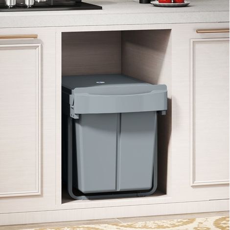 Poubelle coulissante encastrable 2 x 20 L, bacs amovibles, plastique et métal, grise (1/5)