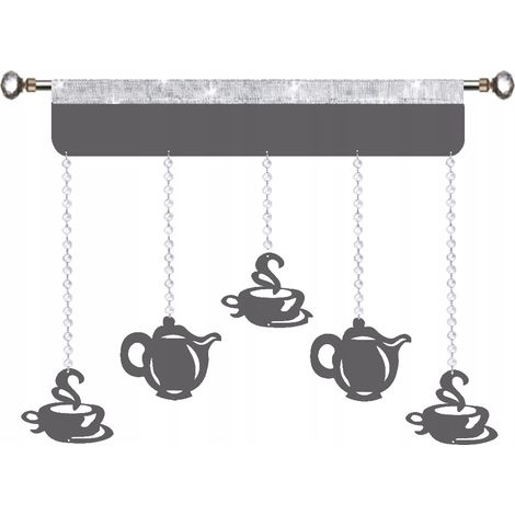 Tenda da cucina traforata, ghirlanda, caffettiere, tazze, 90 cm, grigio
