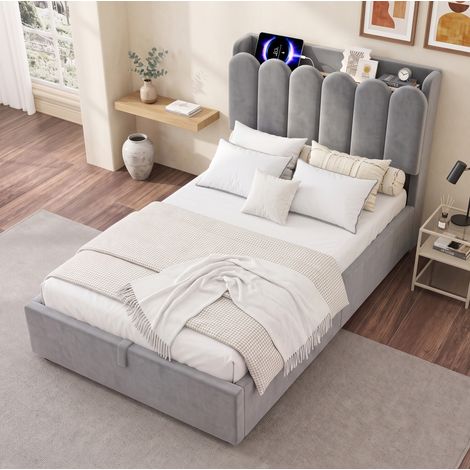 Lit enfant 90x200 cm velours gris avec rangement relevable, USB-C et lampe – MEUBLIV (1/5)