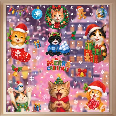 Autocollants pour fenêtres chatons et chiens, décorations de Noël, autocollants statiques pour fenêtres, décorations pour une ambiance festive, autocollants pour vitres chats flocons de neige, animaux