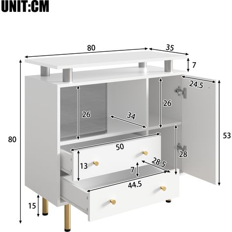 Buffet/commode moderne à éclairage LED, doté de 2 portes coulissantes en verre, 2 tiroirs et 1 porte, avec poignées et pieds en métal. Convient pour le salon, l'entrée ou la salle à manger. Dimensions (1/4)