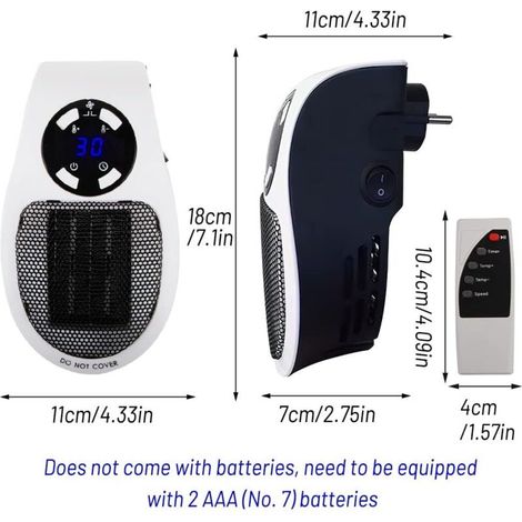 SNQ – Termoventilatore elettrico da 500 W – Mini termoventilatore a parete con telecomando – 2 velocità dell'aria – Termostato e timer – Per ambienti fino a 2,8 m² (1/5)