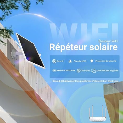 Répéteur Solaire d'extérieur résistant aux intempéries, amplificateur de Signal Internet sans Fil 2,4 GHz avec énergie Solaire + Batterie de 20000 mAh, Pas de Zones mortes WiFi pour la (1/4)