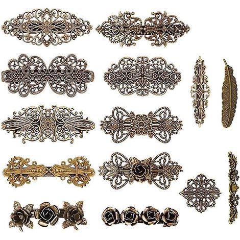 14 französische Haarspangen, Vintage-Bronze, Rose, Blumen, Wellen, Feder, Krone, Geschenk für Frauen oder Mädchen (1/5)
