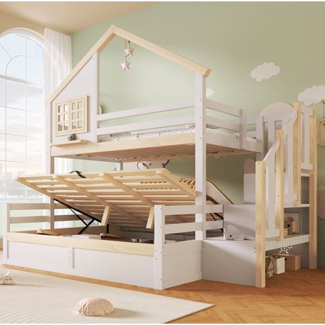Etagenbett 90x200/140x200 cm mit Stauraum, Weiß und Natur OKMYHOME (1/5)