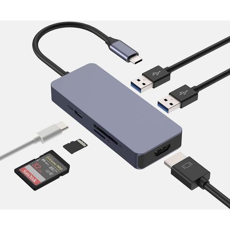 6 en 1 Hub USB C, Adaptateur USB C avec HDMI 4K, 2 Ports USB 3.0 pour Laptop, Fente pour Carte SD/TF, Port de Chargement USB C pour Mac et Autres Appareils de Type C (1/5)