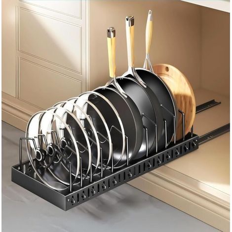 Pot and Pan Organizer, Lid Organizer with 12 Adjustable Compartments, Extendable Pot Holder, Pot Lid Organizer for Kitchen Drawer, Black (1/4)