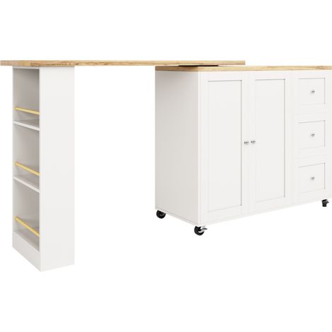 Îlot de cuisine et bar mobile pivotant à 360°, MDF blanc, avec 3 tiroirs et porte-snack, dimensions plié 135x39x106 cm (1/5)