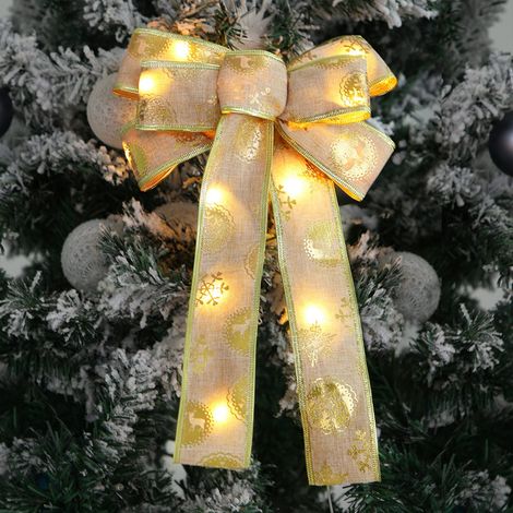 Nœud de Noël lumineux avec pendentif, motif flocons de neige et orignaux, ruban LED pour sapin de Noël.