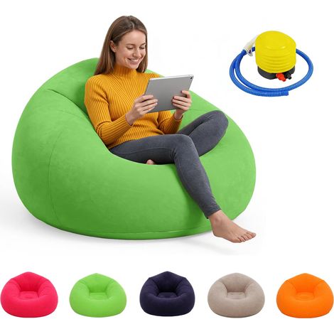 Fauteuil Gonflable avec Pompe,PVC avec Surface Floquée,Canapé Lazy No Bean Bag Doux Lavable, Portable Pliable pour Salon, Chambre, Camping, Piscine,Intérieur et Extérieur (Vert) (1/5)