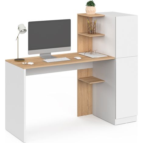 Schreibtisch mit Aufbewahrungsschrank 140 x 50 cm NICO, Regale in Weiß und Holzoptik (1/5)