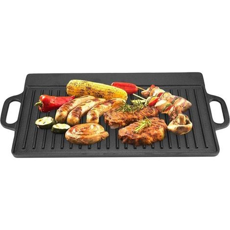 Parrilla de barbacoa, placa de cocción de hierro fundido antiadherente, acanalada y plana. (1/4)