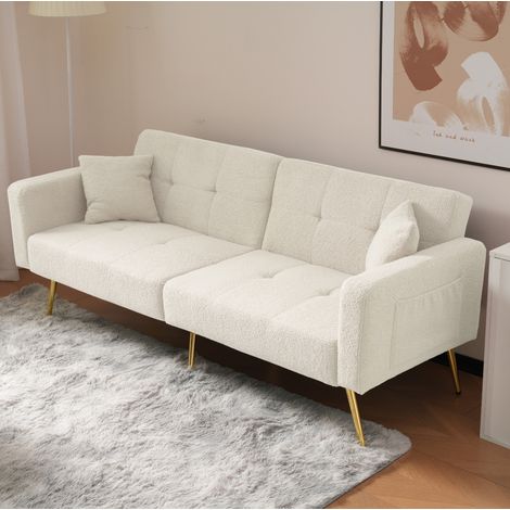 Divano letto 2 posti 175x64x72 cm in tessuto peluche bianco con contenitore - FLORAGRACE (1/5)