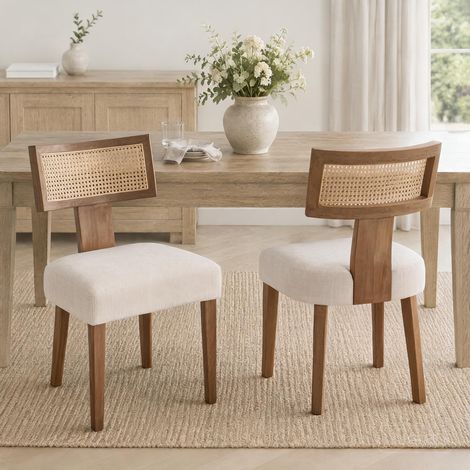 Wahson Juego de 2 Sillas de Comedor de Lino Sillas de Cocina de Madera Sillas Rústicas de Ocio con Respaldo Rattán para Cocina Restaurante, Beige (1/5)