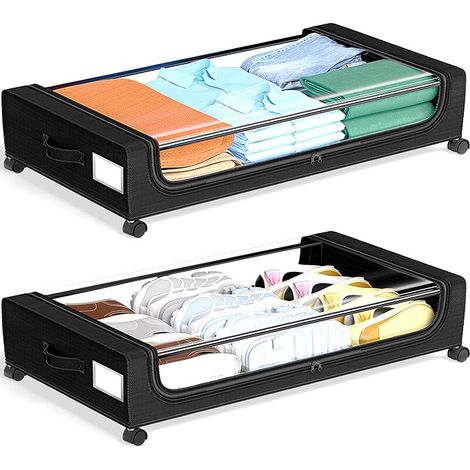 Coffre de rangement sous lit à roulettes, en tissu, pliable, 60 L, gris, étanche à la poussière et à l'humidité, noir, lot de 2 (1/5)