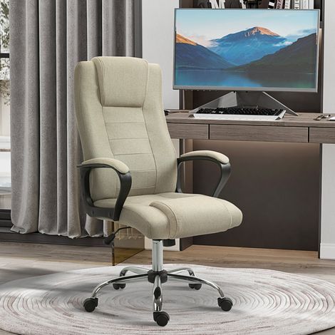 Bureau fauteuil effet lin beige, réglable en hauteur avec mécanisme basculant, 5 roues pivotantes