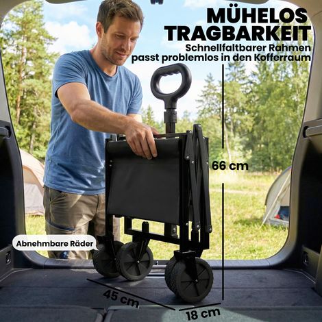 Chariot de jardin pliant 80L avec poignée rétractable, porte-verre et hayon (1/4)