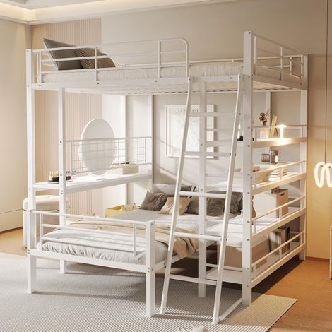 Lit superposé avec structure métallique, lit mezzanine 140x200cm, lit multifonctionnel avec plusieurs compartiments de rangement, blanc, garantie 2 ans (1/5)
