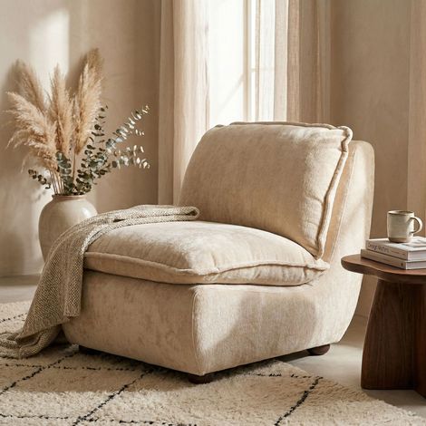 Fauteuil lounge 100x82x83 cm en velours beige et bois d'hévéa