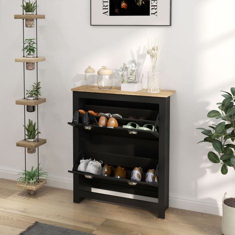 Armoire à Chaussures, 2 portes abattantes 2 compartiments, poignées coquilles métal, 79x23x90.5cm, noir et chêne