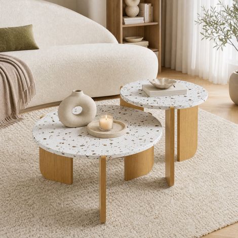 Table basse gigogne 2 pièces, MDF, blanc et bois naturel 70 x 65 x 35 cm + 50 x 48 x 45,5 cm HAVRYA (1/5)