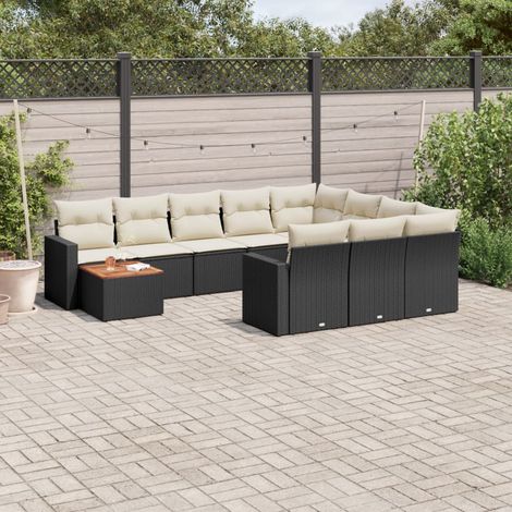 Ensemble Salon Jardin 11 Pièces Noir Résine Tressée avec Table Acacia et Coussins Crème - Mobilier Extérieur Modulaire (1/3)
