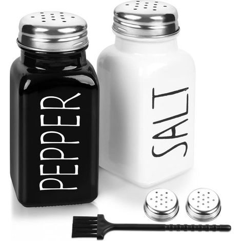 Juego de salero y pimentero de vidrio de 2 piezas - Tapa de acero inoxidable, estilo rústico en blanco y negro (1/5)