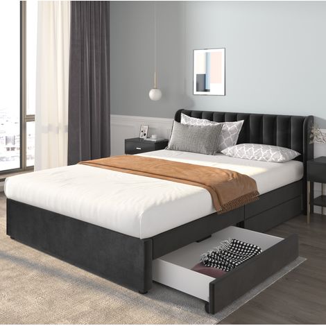 lit adulte couchage rangement 160x200 en velours noir OKMYHOME (1/5)
