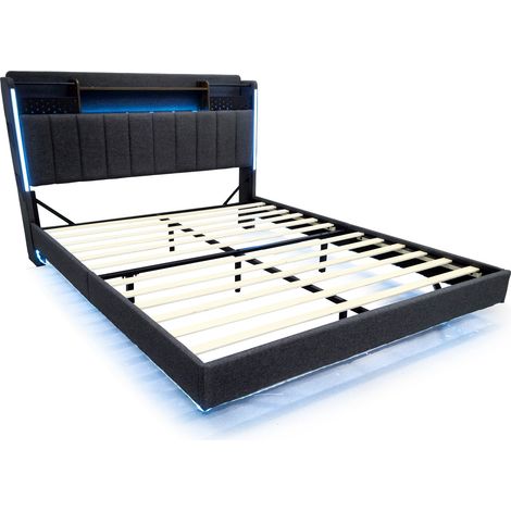 Cama tapizada 160x200 cm gris con LED, USB y almacenaje en cabecero (1/5)