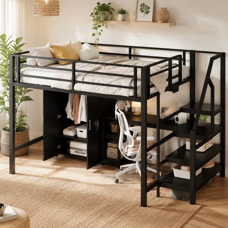 Cama alta 140x200 cm con escritorio, armario, estanterías y escalera con almacenaje, estructura de metal y MDF en negro, sin colchón, para dormitorio juvenil  CHICFURN (1/5)