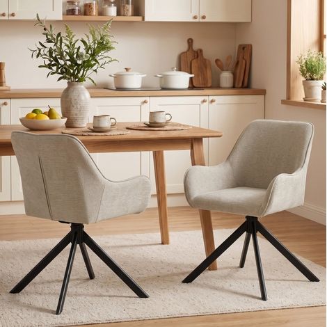 Esszimmerstuhl 2er-Set in Beige, 360° drehbar, mit Armlehnen und Metallgestell (1/5)