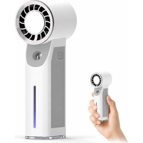 Mini ventilateur portable 3-en-1 avec fonction glace et brumisation, 5 vitesses, rechargeable, ventilateur rafraîchissant pour visage et bureau, blanc (1/5)