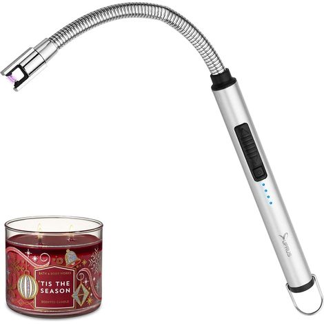 Briquet à bougie, briquet électrique rechargeable à arc, briquet à triple sécurité, boîtier en acier inoxydable et crochet de suspension avec cou flexible à 360° (Argent) (1/5)