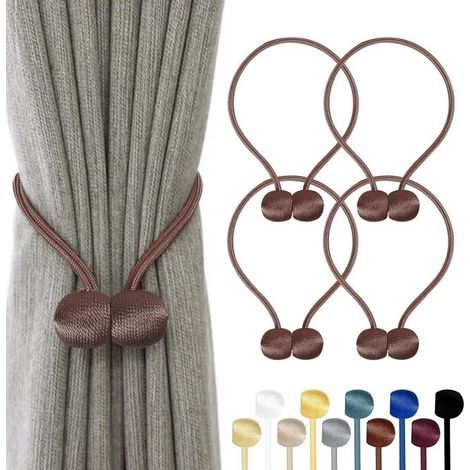 Lot de 4 embrasses rideaux magnétiques, 10 couleurs, corde polyester renforcée – pour salon, chambre, salle à manger - Marron 4 PCS (1/5)